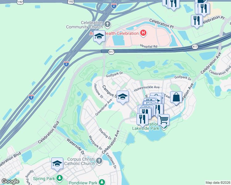 map of restaurants, bars, coffee shops, grocery stores, and more near 420 Greenbrier Avenue in Kissimmee