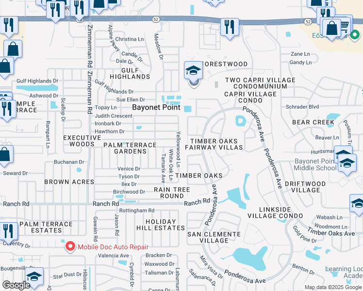 map of restaurants, bars, coffee shops, grocery stores, and more near 11306 Yellowwood Lane in Port Richey