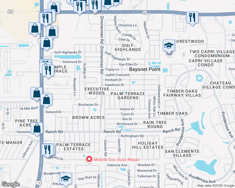 map of restaurants, bars, coffee shops, grocery stores, and more near 7611 Foxbloom Drive in Port Richey