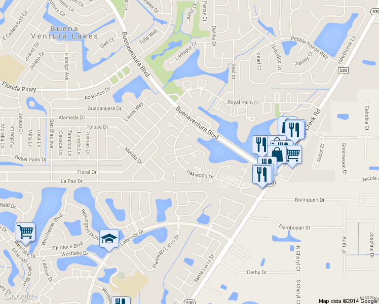 map of restaurants, bars, coffee shops, grocery stores, and more near 11 Las Brisas Way in Kissimmee
