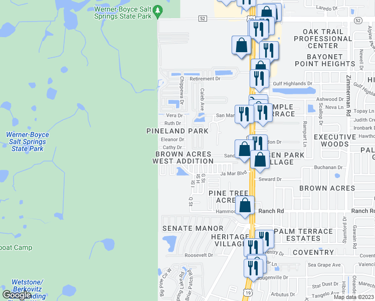 map of restaurants, bars, coffee shops, grocery stores, and more near 11306 Rohrman Road in Port Richey