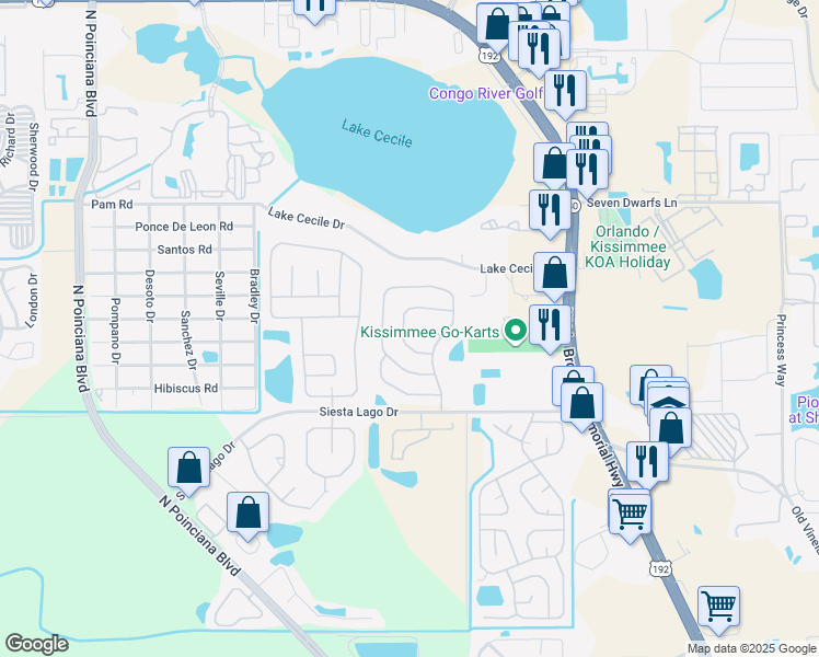 map of restaurants, bars, coffee shops, grocery stores, and more near 4827 Kingston Circle in Kissimmee