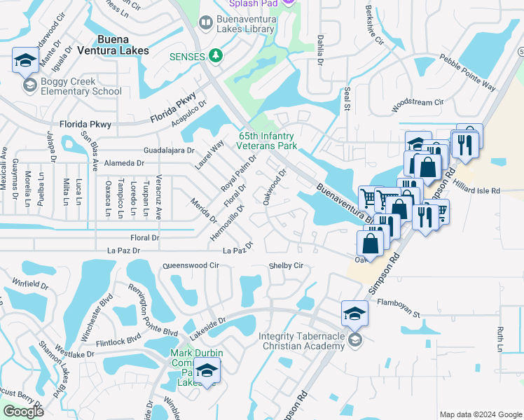 map of restaurants, bars, coffee shops, grocery stores, and more near 10 Silver Falls Circle in Kissimmee