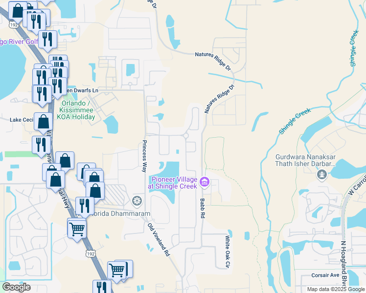 map of restaurants, bars, coffee shops, grocery stores, and more near 2590 Shanti Drive in Kissimmee