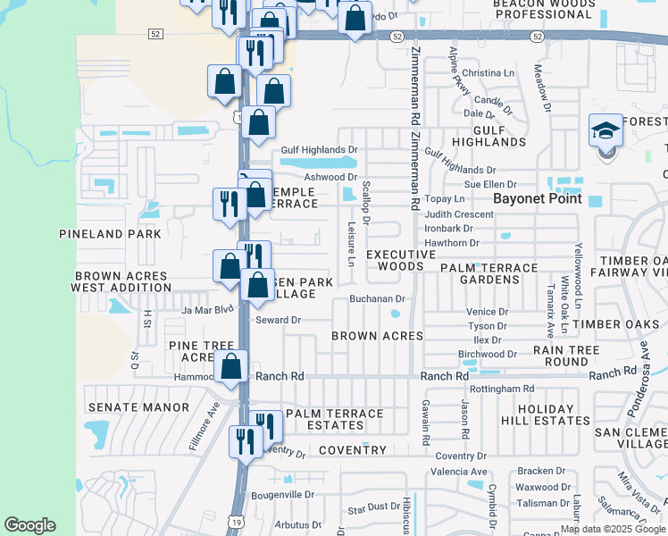 map of restaurants, bars, coffee shops, grocery stores, and more near 11307 Rampart Ln in Port Richey