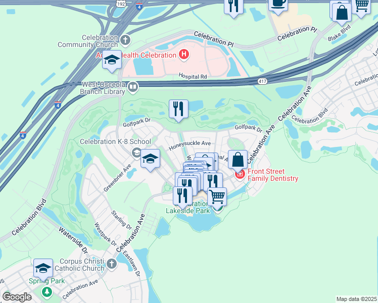 map of restaurants, bars, coffee shops, grocery stores, and more near 447 Water Street in Kissimmee