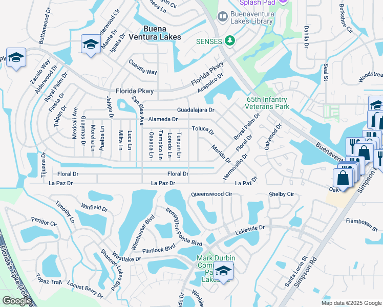 map of restaurants, bars, coffee shops, grocery stores, and more near 131 Veracruz Avenue in Kissimmee