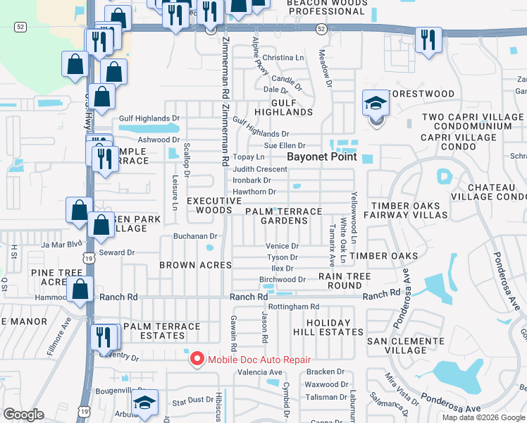 map of restaurants, bars, coffee shops, grocery stores, and more near 7615 Foxbloom Drive in Port Richey