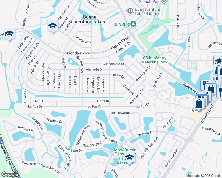 map of restaurants, bars, coffee shops, grocery stores, and more near 131 Veracruz Avenue in Kissimmee