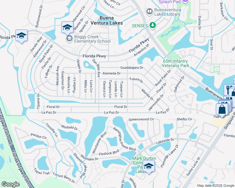 map of restaurants, bars, coffee shops, grocery stores, and more near 131 Loredo Lane in Kissimmee