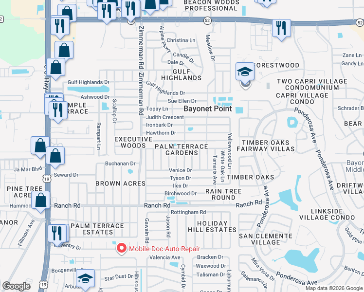 map of restaurants, bars, coffee shops, grocery stores, and more near 7705 Foxbloom Drive in Port Richey