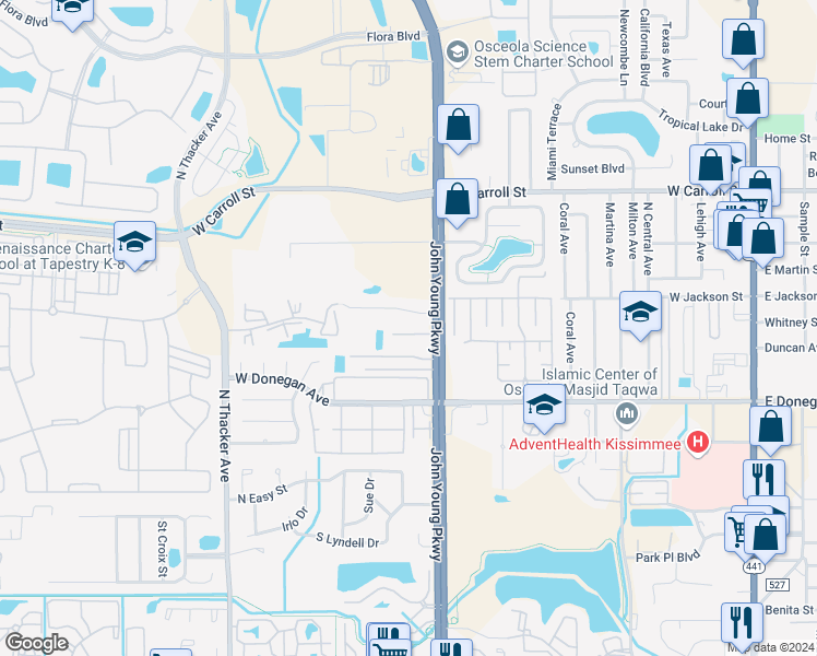 map of restaurants, bars, coffee shops, grocery stores, and more near 1247 Sago Palms Boulevard in Kissimmee