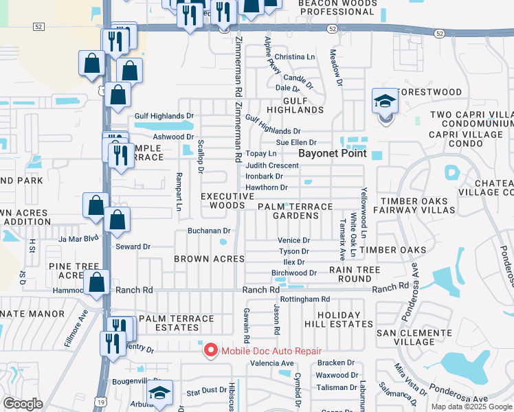 map of restaurants, bars, coffee shops, grocery stores, and more near 7511 Foxbloom Drive in Port Richey
