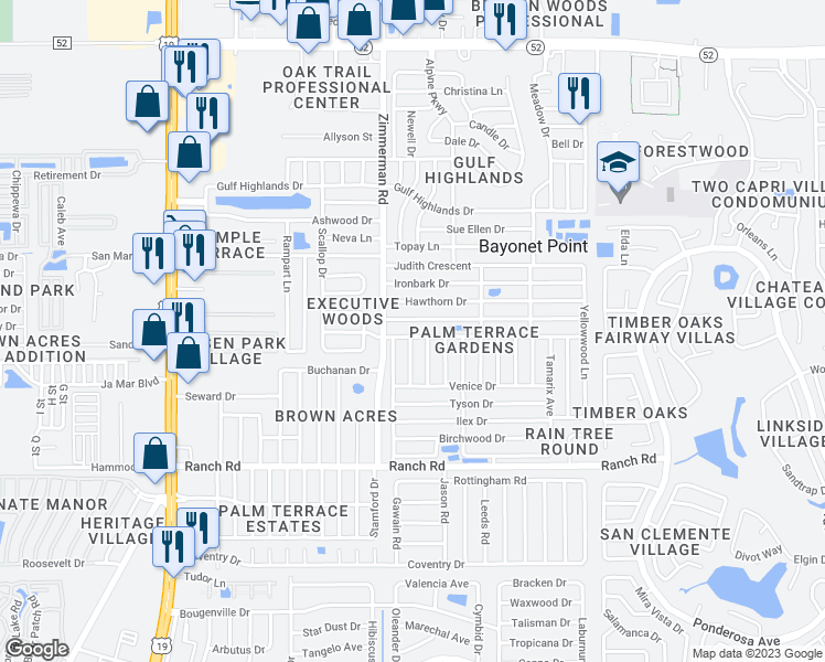 map of restaurants, bars, coffee shops, grocery stores, and more near 7525 Foxbloom Drive in Port Richey