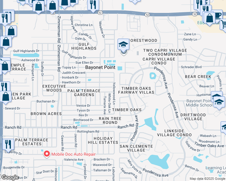 map of restaurants, bars, coffee shops, grocery stores, and more near 7923 Foxbloom Drive in Port Richey