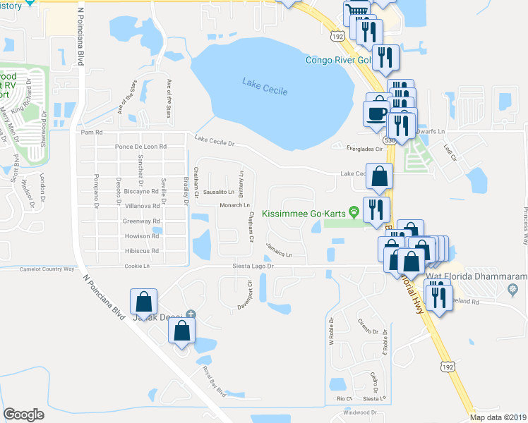 map of restaurants, bars, coffee shops, grocery stores, and more near 2701 Montego Bay Boulevard in Kissimmee