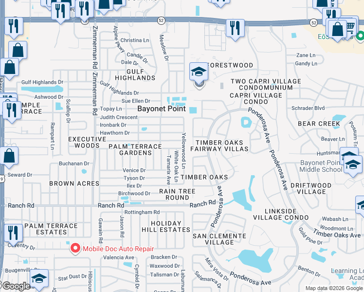 map of restaurants, bars, coffee shops, grocery stores, and more near 11306 Yellowwood Lane in Port Richey
