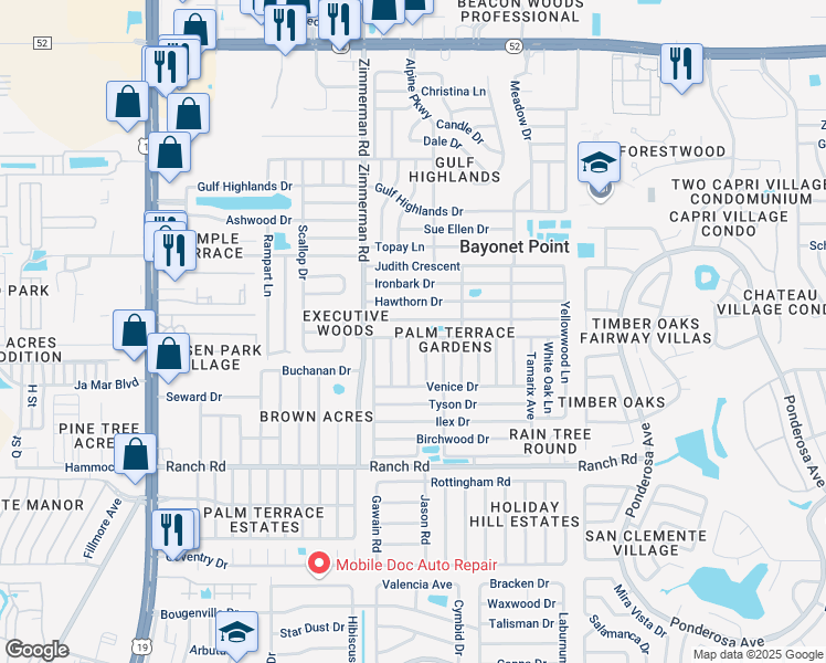 map of restaurants, bars, coffee shops, grocery stores, and more near 7605 Foxbloom Drive in Port Richey