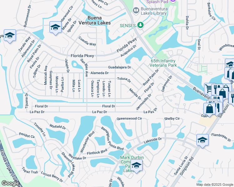 map of restaurants, bars, coffee shops, grocery stores, and more near 131 Veracruz Avenue in Kissimmee