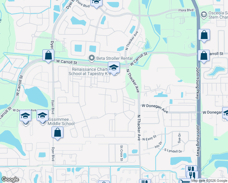 map of restaurants, bars, coffee shops, grocery stores, and more near 2304 Rapollo Drive in Kissimmee