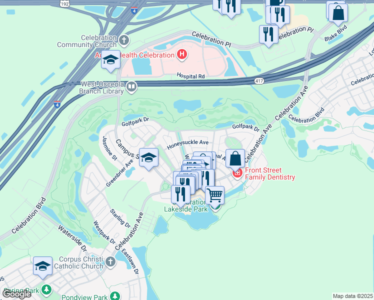 map of restaurants, bars, coffee shops, grocery stores, and more near 447 Water Street in Kissimmee