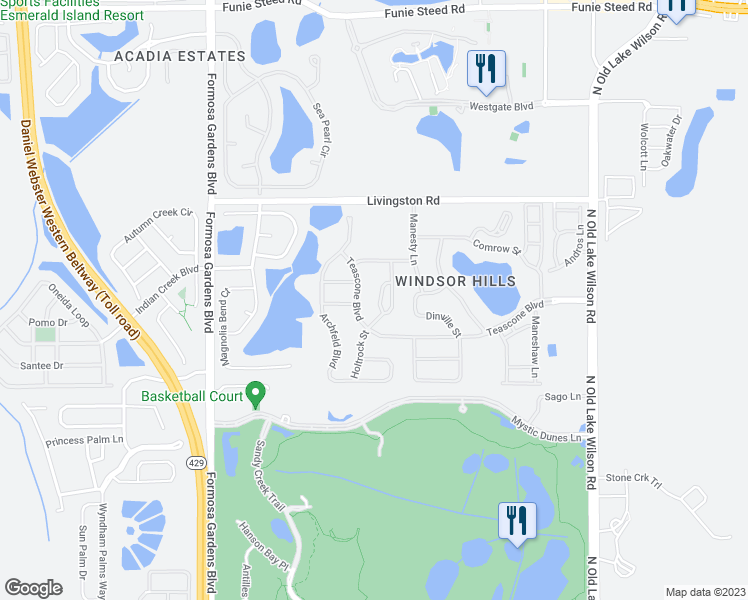 map of restaurants, bars, coffee shops, grocery stores, and more near 2610 Bowring Street in Kissimmee