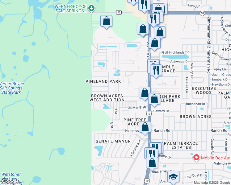 map of restaurants, bars, coffee shops, grocery stores, and more near 6706 Bandera Street in Port Richey