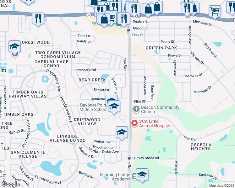 map of restaurants, bars, coffee shops, grocery stores, and more near 11306 Possum Trail in Port Richey