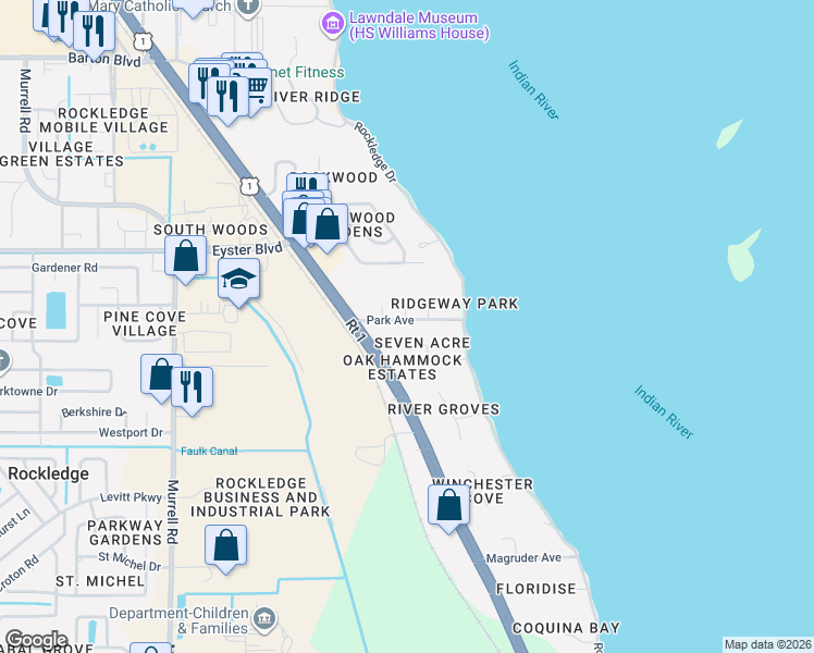 map of restaurants, bars, coffee shops, grocery stores, and more near 39 Park Avenue in Rockledge