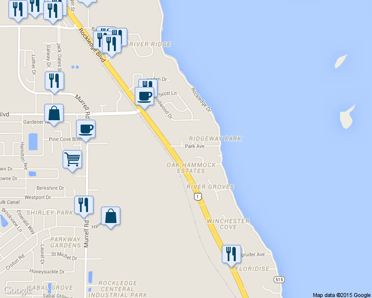 map of restaurants, bars, coffee shops, grocery stores, and more near 39 Park Avenue in Rockledge