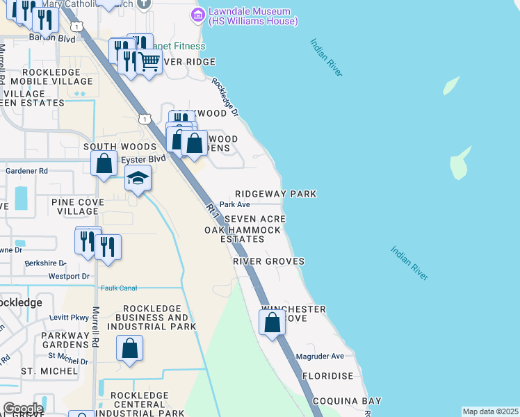 map of restaurants, bars, coffee shops, grocery stores, and more near 19 Park Avenue in Rockledge