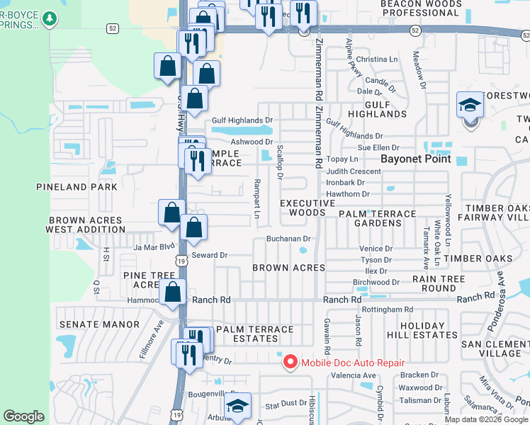 map of restaurants, bars, coffee shops, grocery stores, and more near 11307 Rampart Lane in Port Richey
