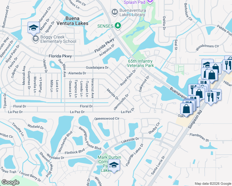 map of restaurants, bars, coffee shops, grocery stores, and more near 502 Royal Palm Drive in Kissimmee