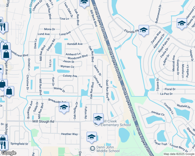 map of restaurants, bars, coffee shops, grocery stores, and more near 2537 Colony Avenue in Kissimmee