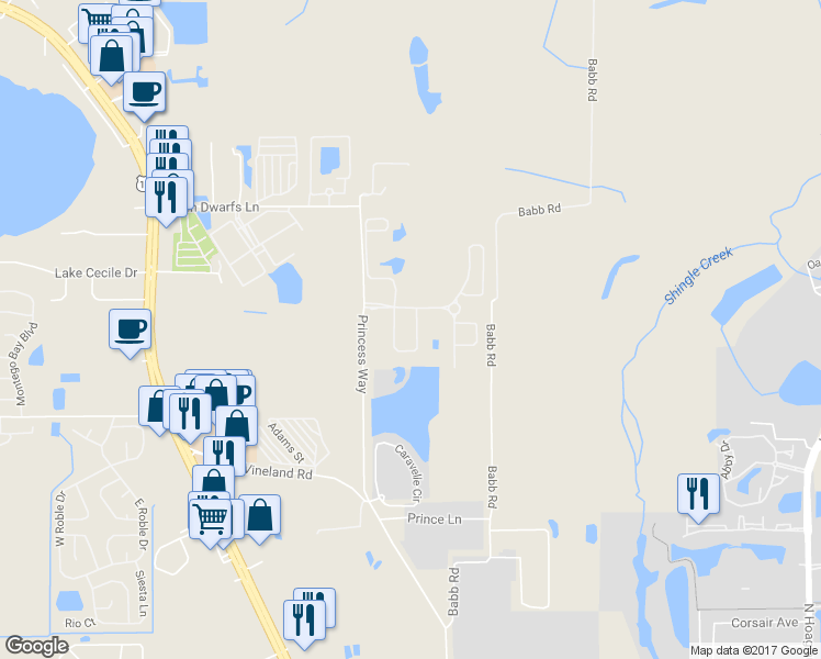map of restaurants, bars, coffee shops, grocery stores, and more near 2545 Dharma Circle in Kissimmee