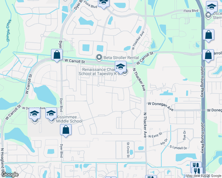 map of restaurants, bars, coffee shops, grocery stores, and more near 2464 Rapollo Drive in Kissimmee