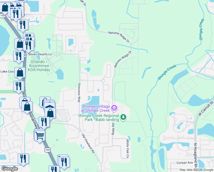 map of restaurants, bars, coffee shops, grocery stores, and more near 2590 Shanti Drive in Kissimmee