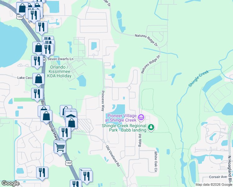 map of restaurants, bars, coffee shops, grocery stores, and more near 2545 Dharma Circle in Kissimmee