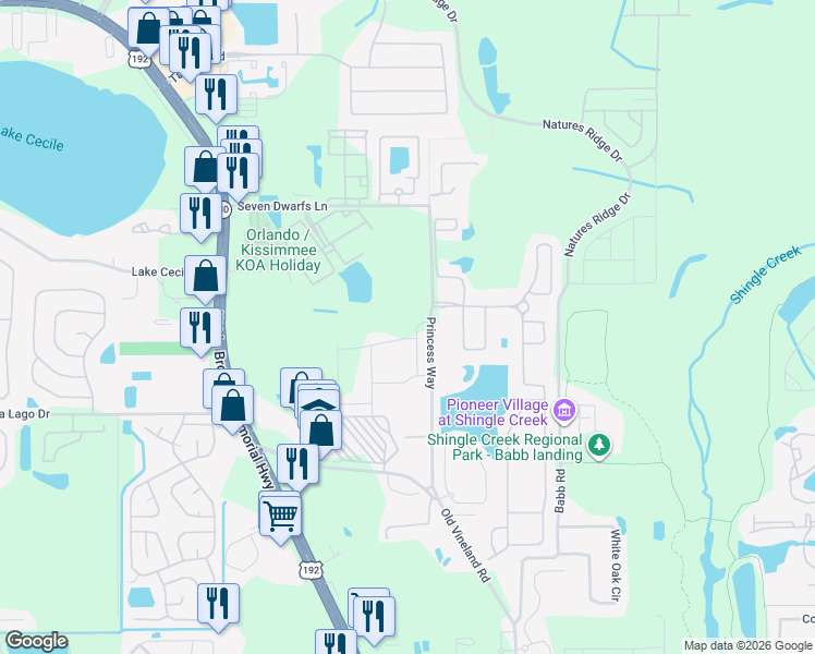 map of restaurants, bars, coffee shops, grocery stores, and more near 2542-2598 Princess Way in Kissimmee