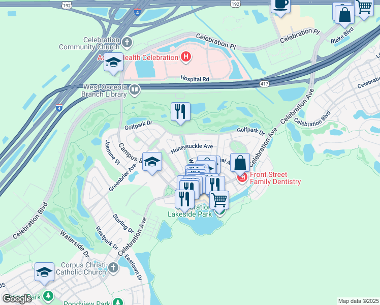map of restaurants, bars, coffee shops, grocery stores, and more near 447 Water Street in Kissimmee