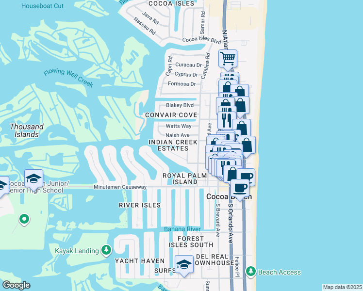 map of restaurants, bars, coffee shops, grocery stores, and more near 190 Oak Ave in Cocoa Beach