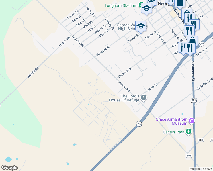 map of restaurants, bars, coffee shops, grocery stores, and more near 105 Lagarto Road in George West