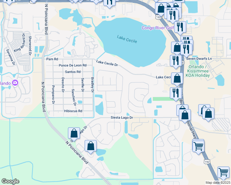 map of restaurants, bars, coffee shops, grocery stores, and more near 4908 Monarch Lane in Kissimmee