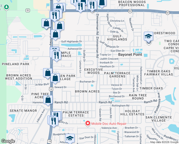 map of restaurants, bars, coffee shops, grocery stores, and more near 7415 Foxbloom Drive in Port Richey