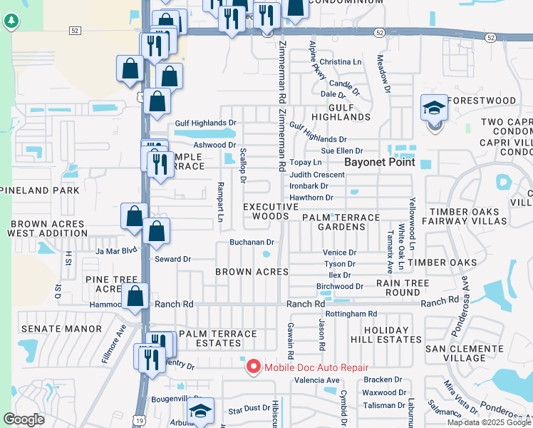 map of restaurants, bars, coffee shops, grocery stores, and more near 7415 Foxbloom Drive in Port Richey