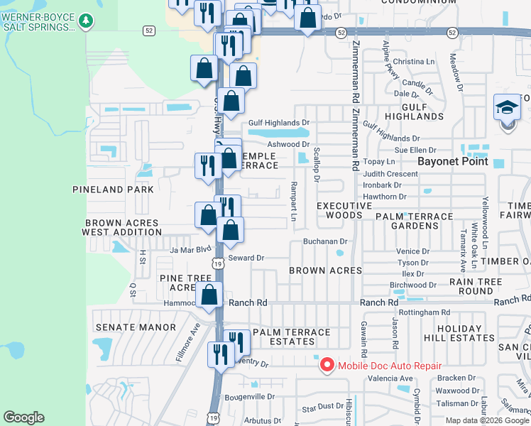 map of restaurants, bars, coffee shops, grocery stores, and more near 7127 Commons Boulevard in Port Richey