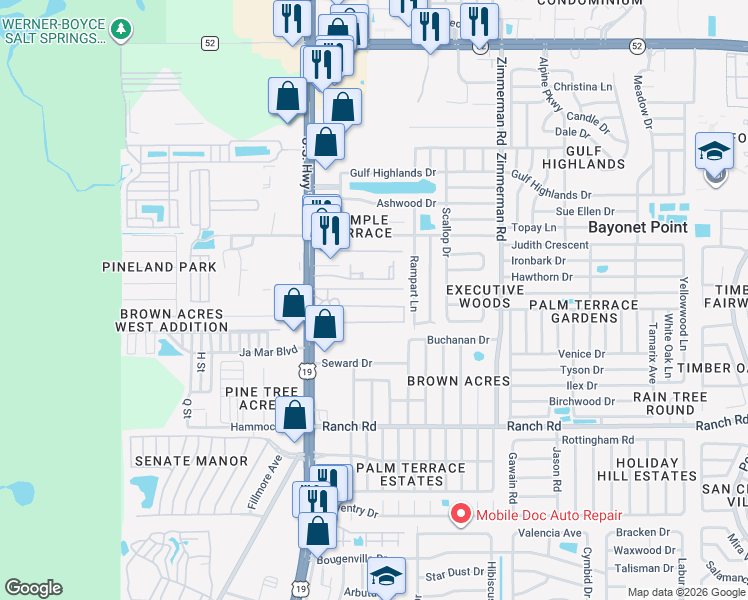 map of restaurants, bars, coffee shops, grocery stores, and more near 7127 Commons Boulevard in Port Richey