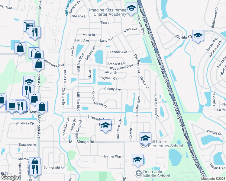 map of restaurants, bars, coffee shops, grocery stores, and more near 1541 Birchwood Avenue in Kissimmee