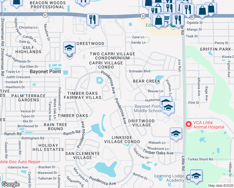 map of restaurants, bars, coffee shops, grocery stores, and more near 11247 Ponderosa Avenue in Port Richey