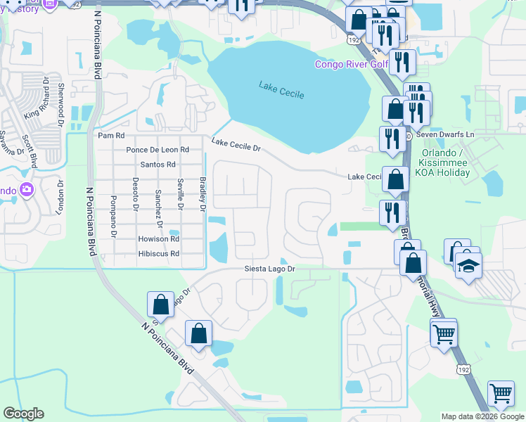 map of restaurants, bars, coffee shops, grocery stores, and more near 4902 Monarch Lane in Kissimmee